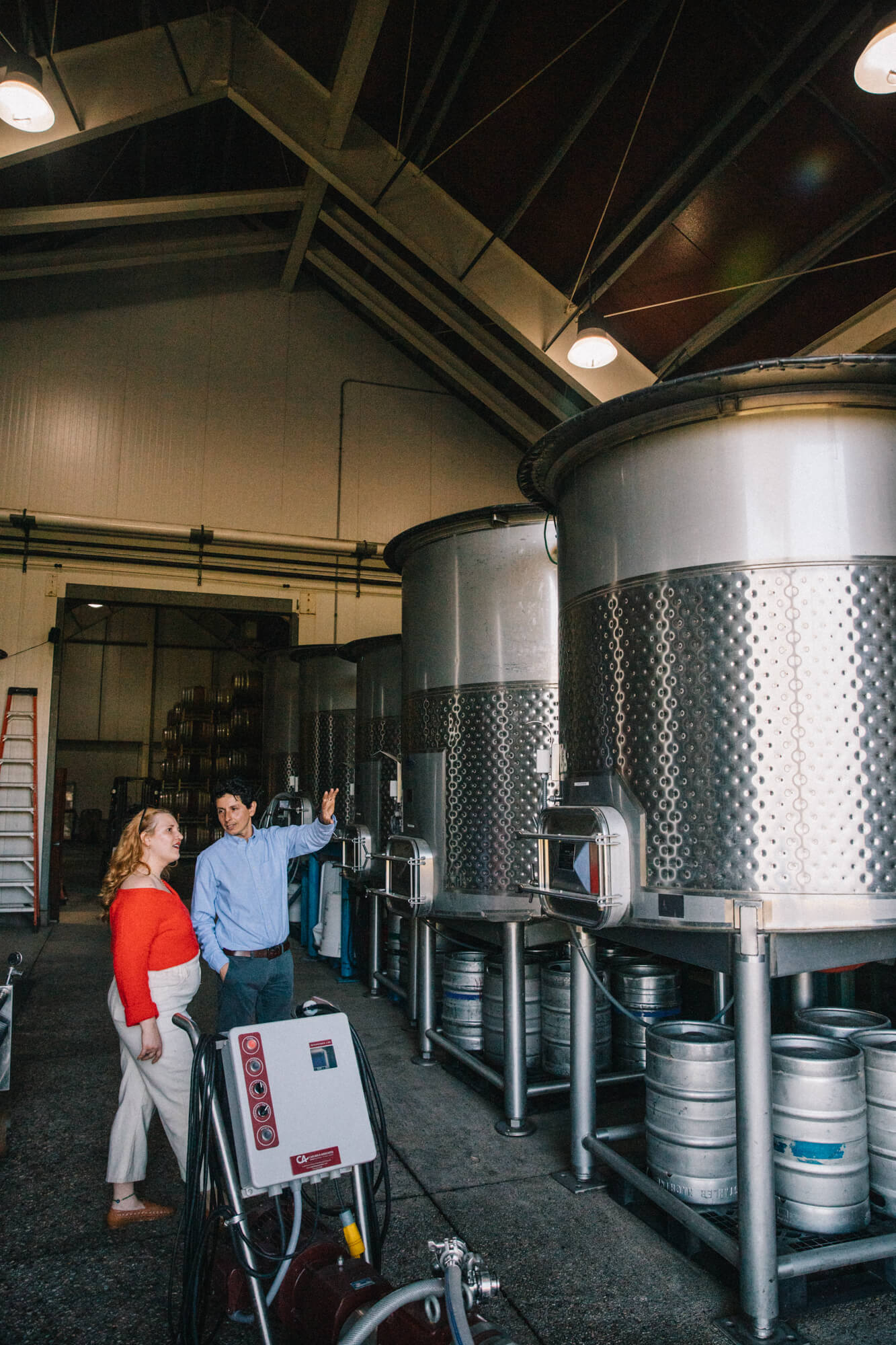Winemaker explains Chardonnay production to visitor in Santa Lucia Highlands winery.