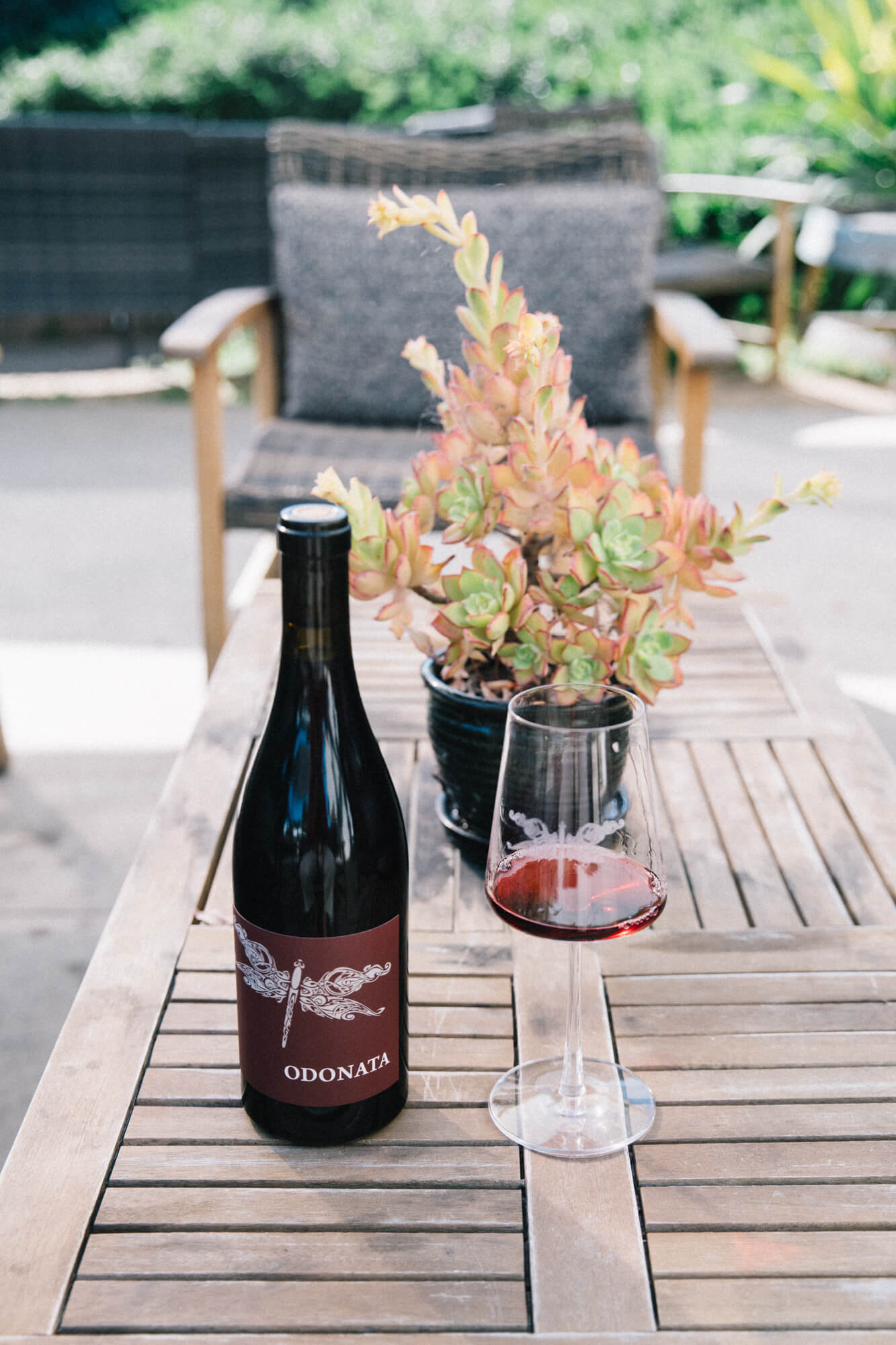 Bottle of Odonata wine and glass on a table with a succulent and chairs.