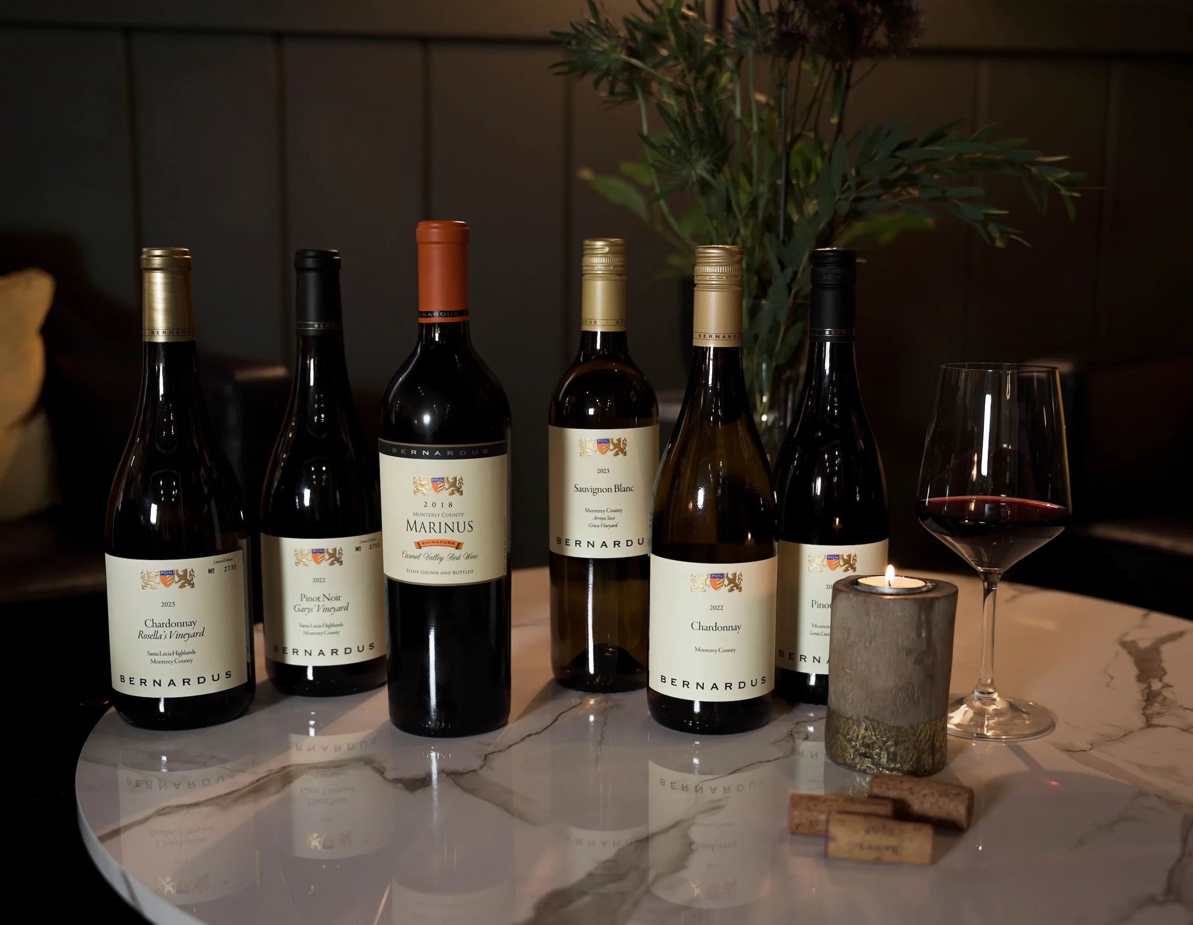 Assortment of Marinus wines from Santa Lucia Highlands, Monterey County, California.
