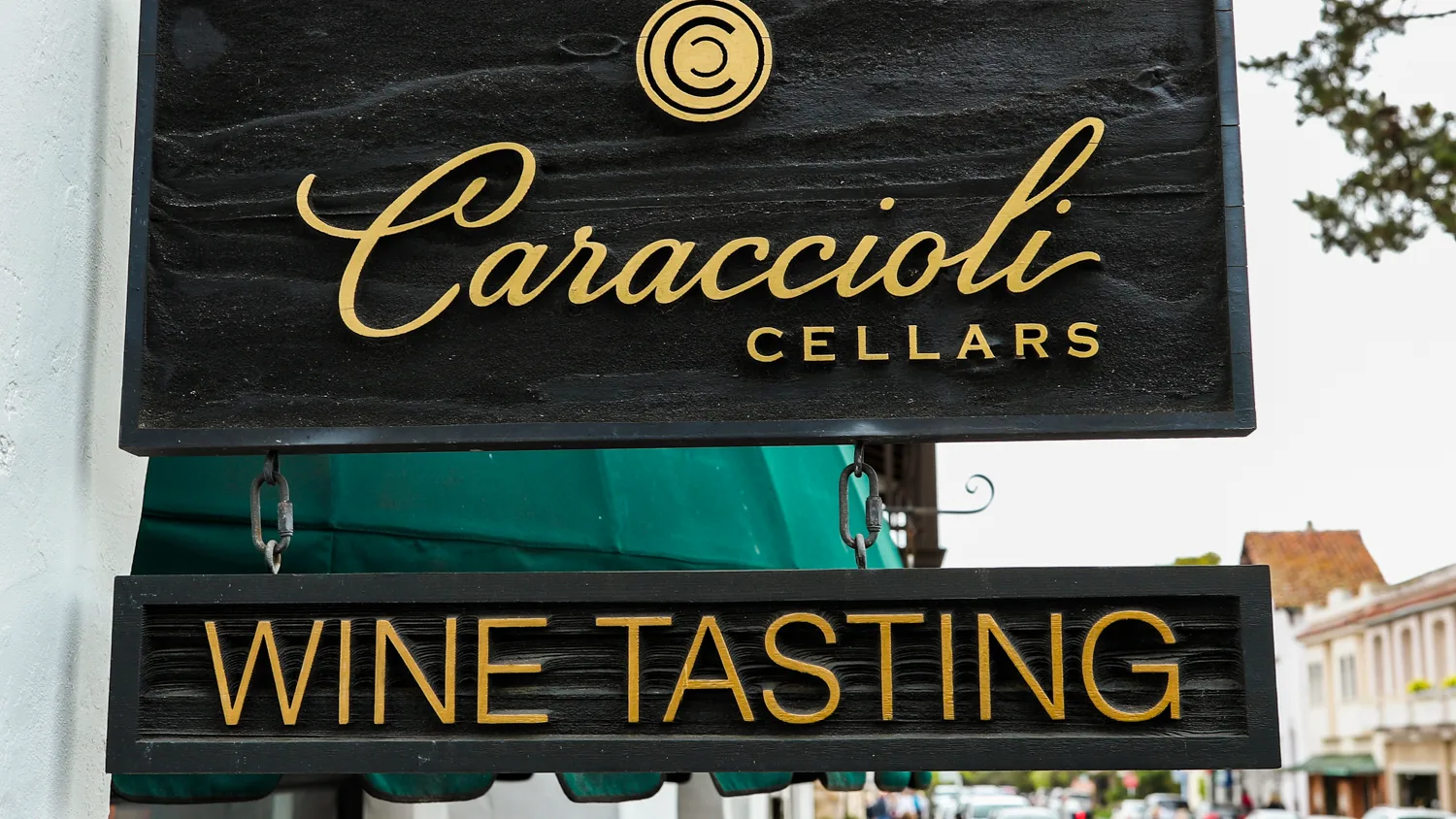 Caraccioli Cellars wine tasting room sign in Santa Lucia Highlands, California.