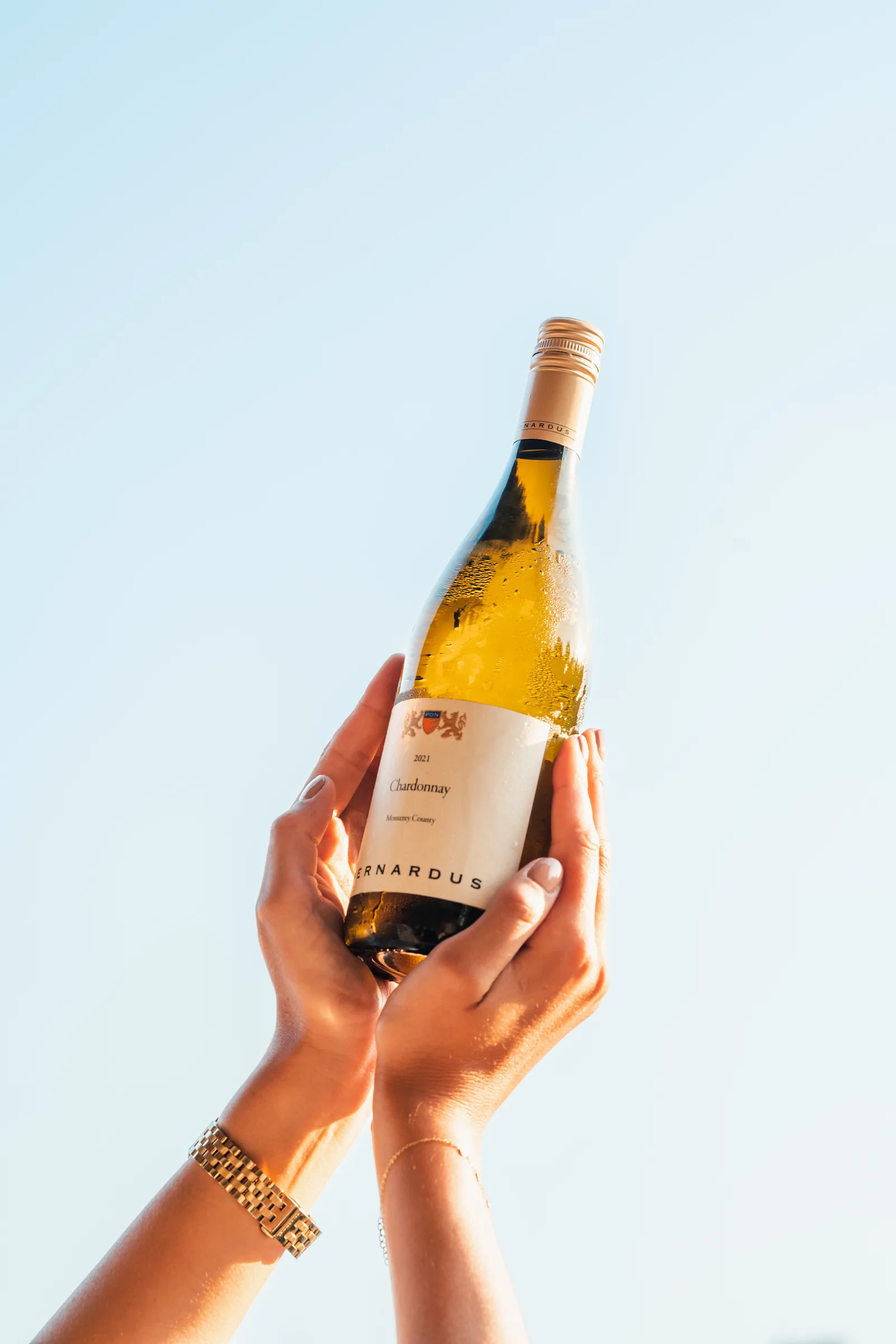 Hands hold a bottle of Bernardus Chardonnay against a bright blue sky.