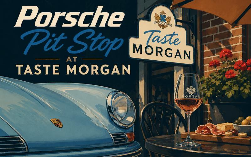 Porsche Pit Stop at Taste Morgan with a glass of rosé and charcuterie