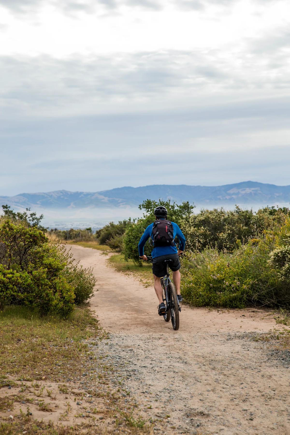Mountain biker on a dusty trail with coastal hills in the background, Fort Ord Dunes State Park, Monterey County.