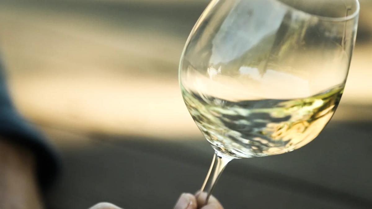 Glass of Santa Lucia Highlands cool-climate Chardonnay, Monterey County, California.