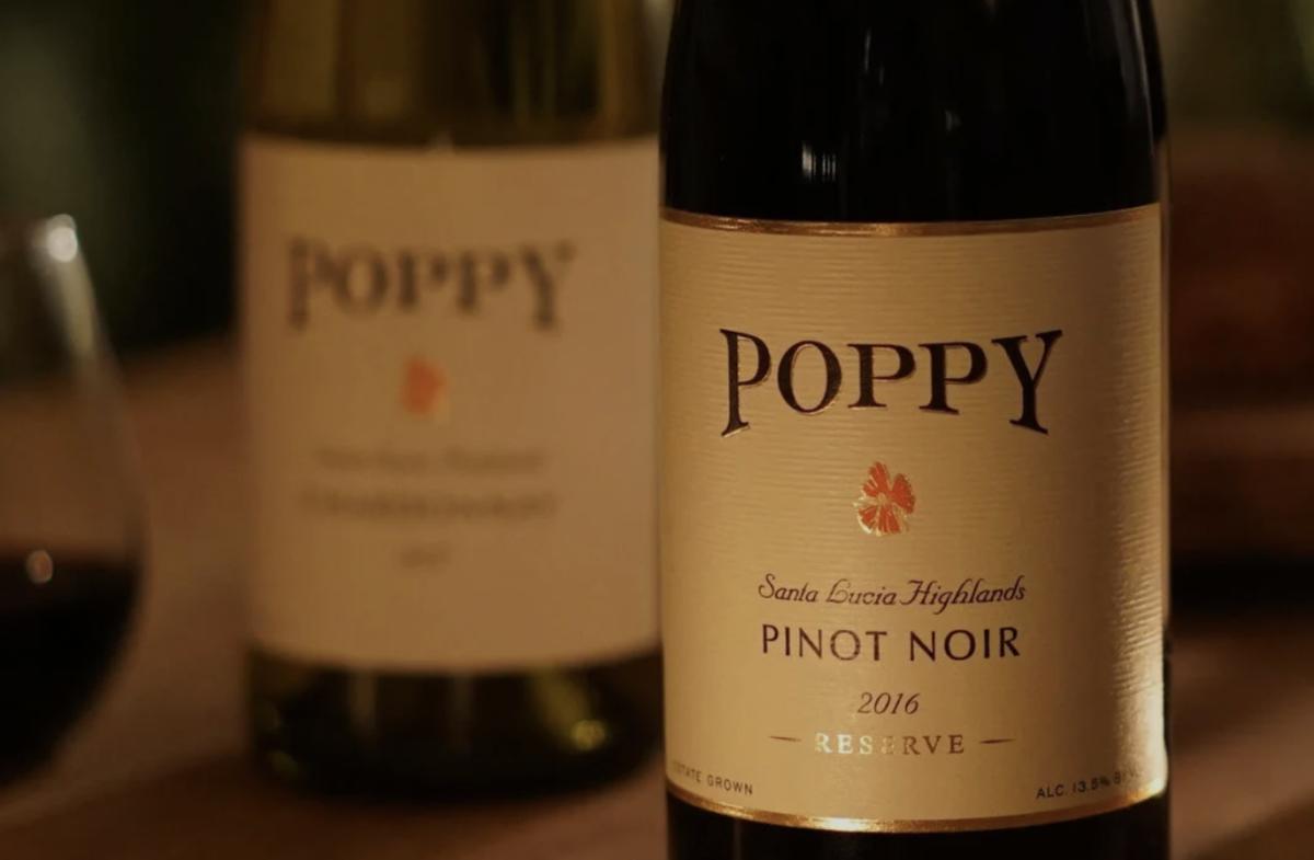 Poppy Pinot Noir wine bottles from Santa Lucia Highlands, Monterey County, California.