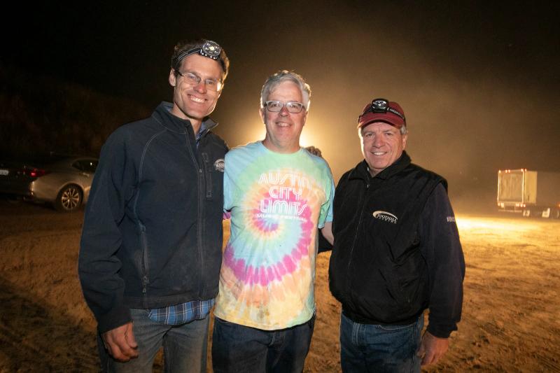 Winemaker Adam Lee during harvest with growers Mark Pisoni (left) and Gary Franscioni.