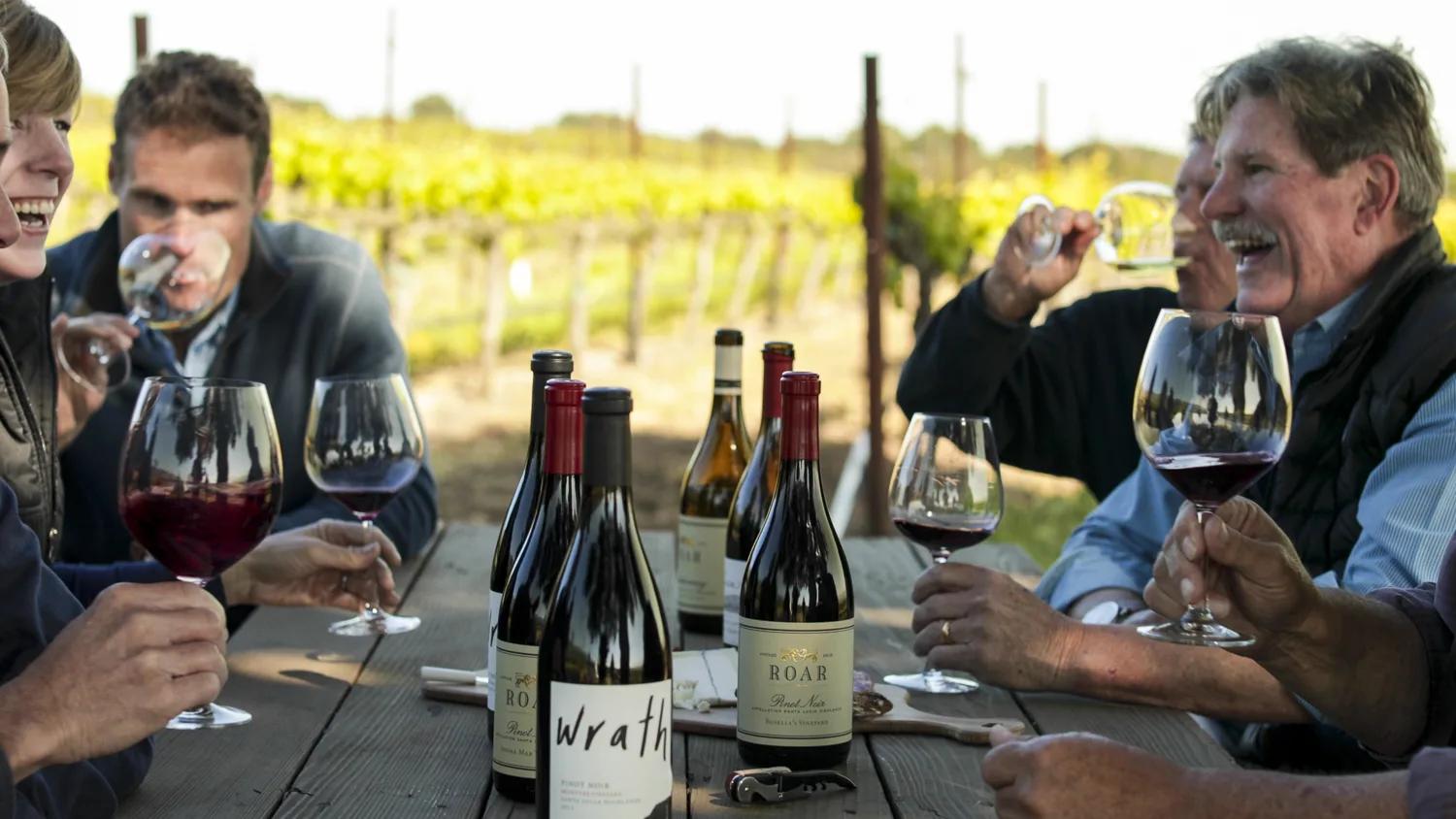 People enjoy wine tasting in a Santa Lucia Highlands vineyard.