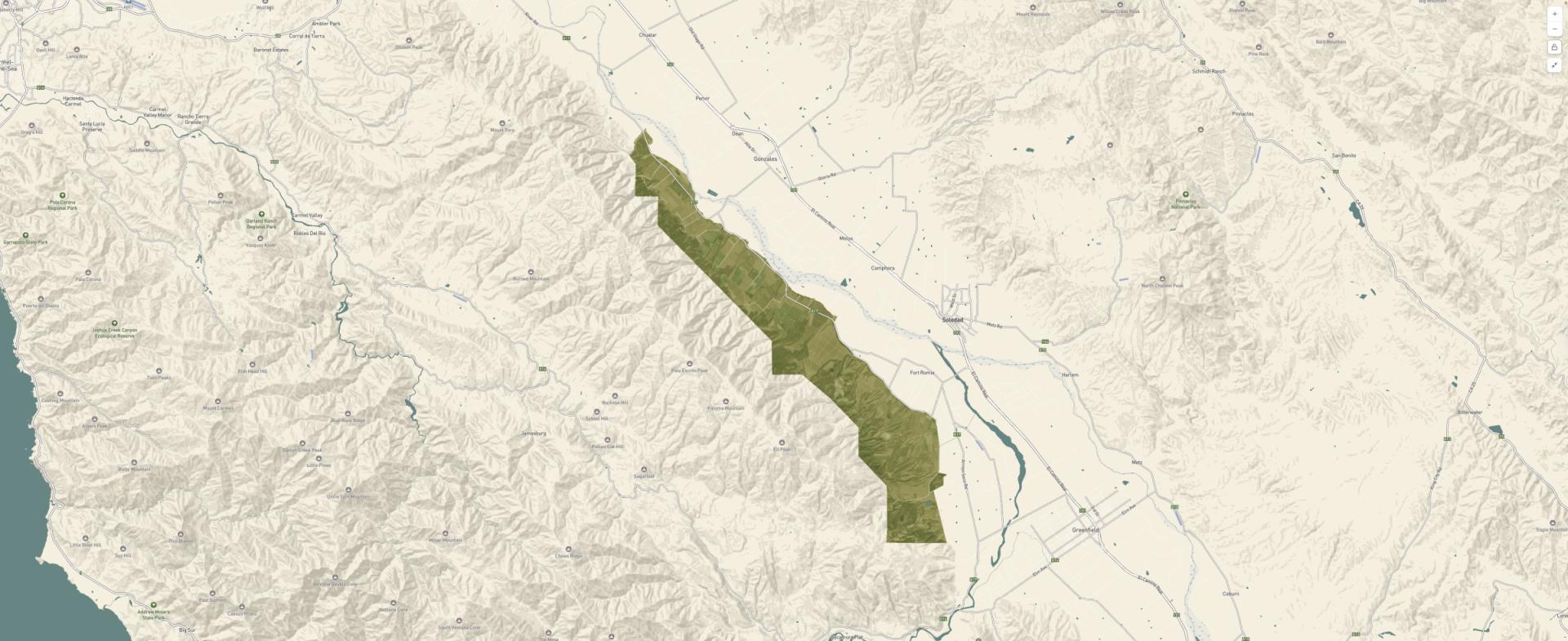 Map of the Santa Lucia Highlands wine region in Monterey County, California.