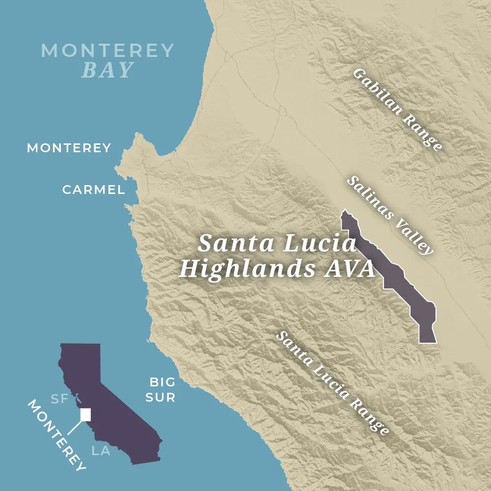 Map of the Santa Lucia Highlands Winegrowing region with context of California cities nearby.