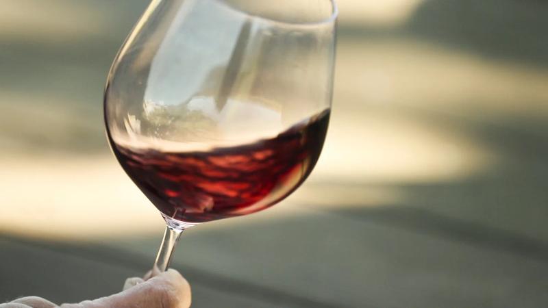 Swirling red wine in a glass, with soft light and shadows in the background.