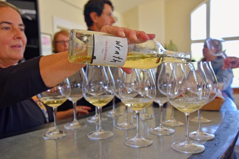 Wrath Wines pours white wine for an education event in Santa Lucia Highlands, Monterey County.