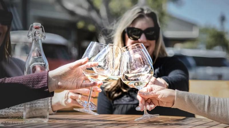 People toasting with white wine at McIntyre Family Wines in Carmel Valley, Santa Lucia Highlands.