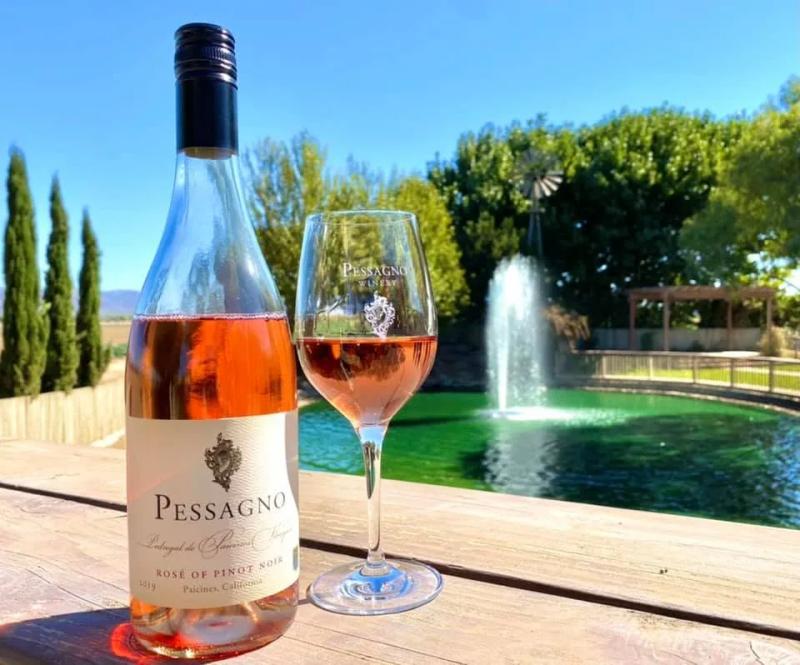 Pessagno Rose of Pinot Noir with a pond and fountain view in Santa Lucia Highlands, California.