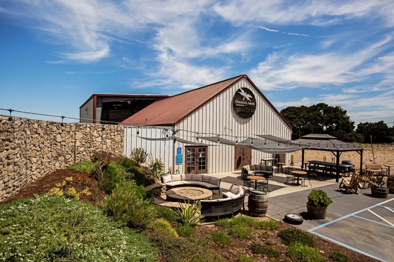 Odonata Wines tasting room and patio in Santa Lucia Highlands, Monterey County, California.