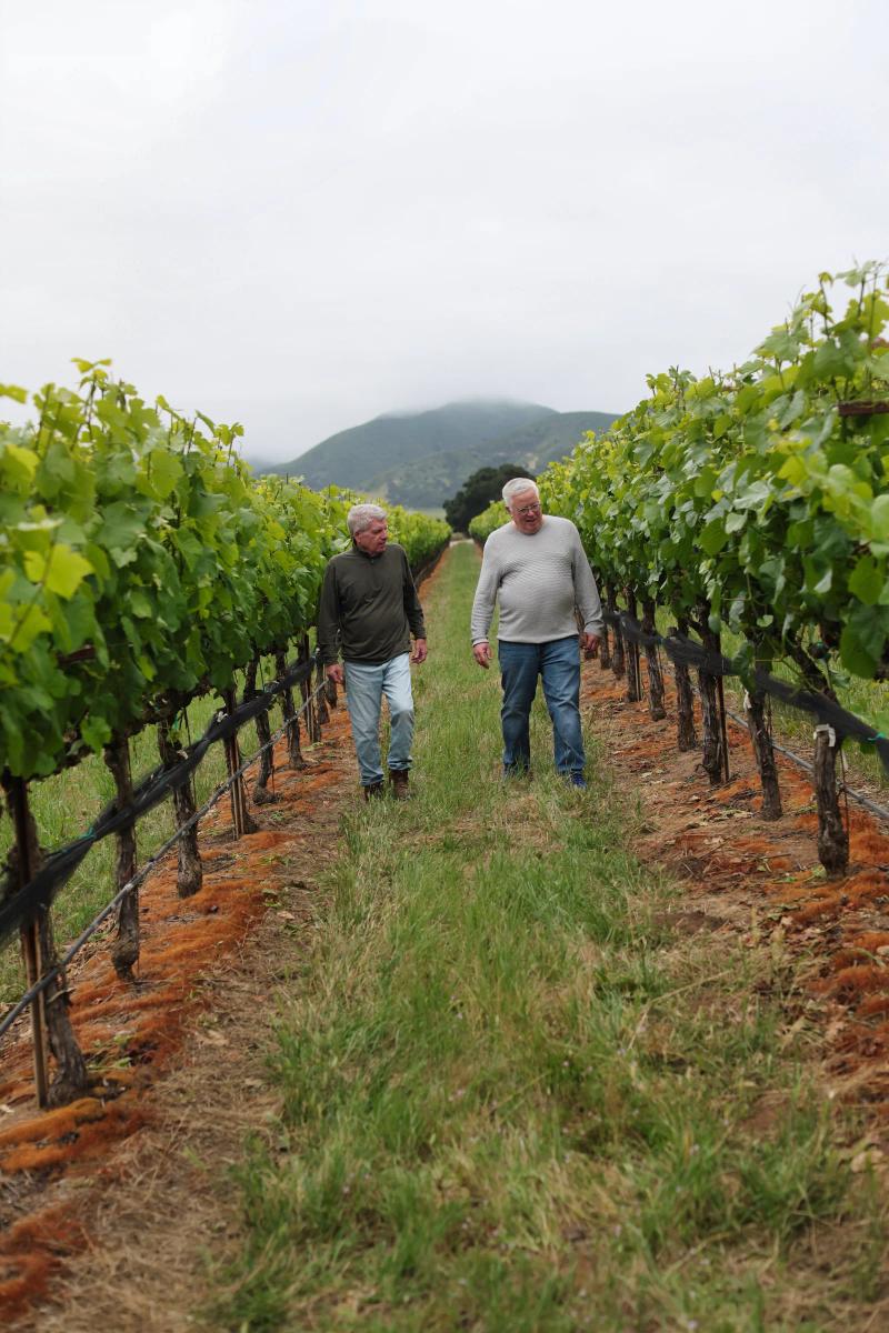 Gary Franscioni and Adam Lee walk through a Santa Lucia Highlands vineyard.